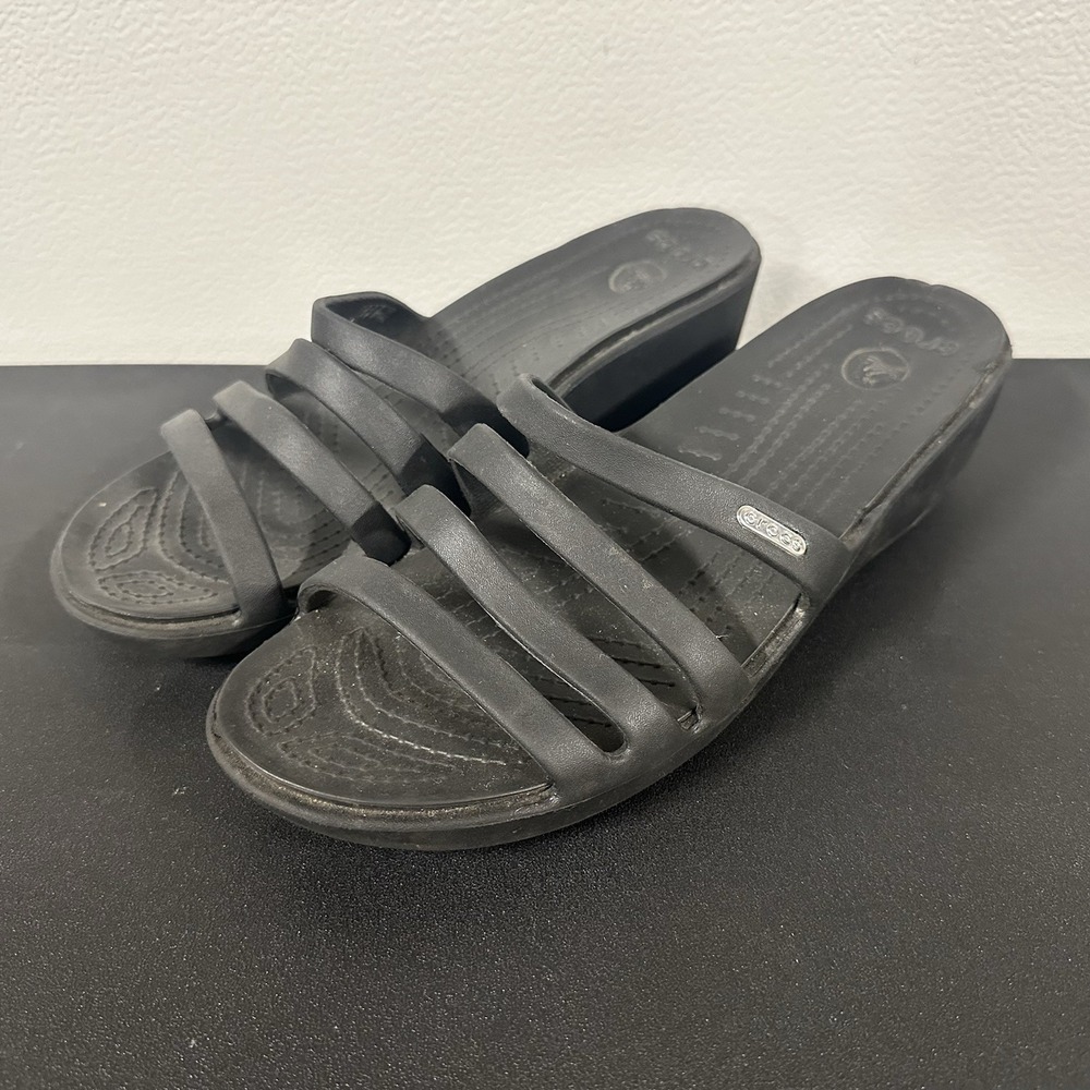 Crocs Rhonda Wedge Slide Women's 10 Black Comfort Strappy Sandals Lightweight